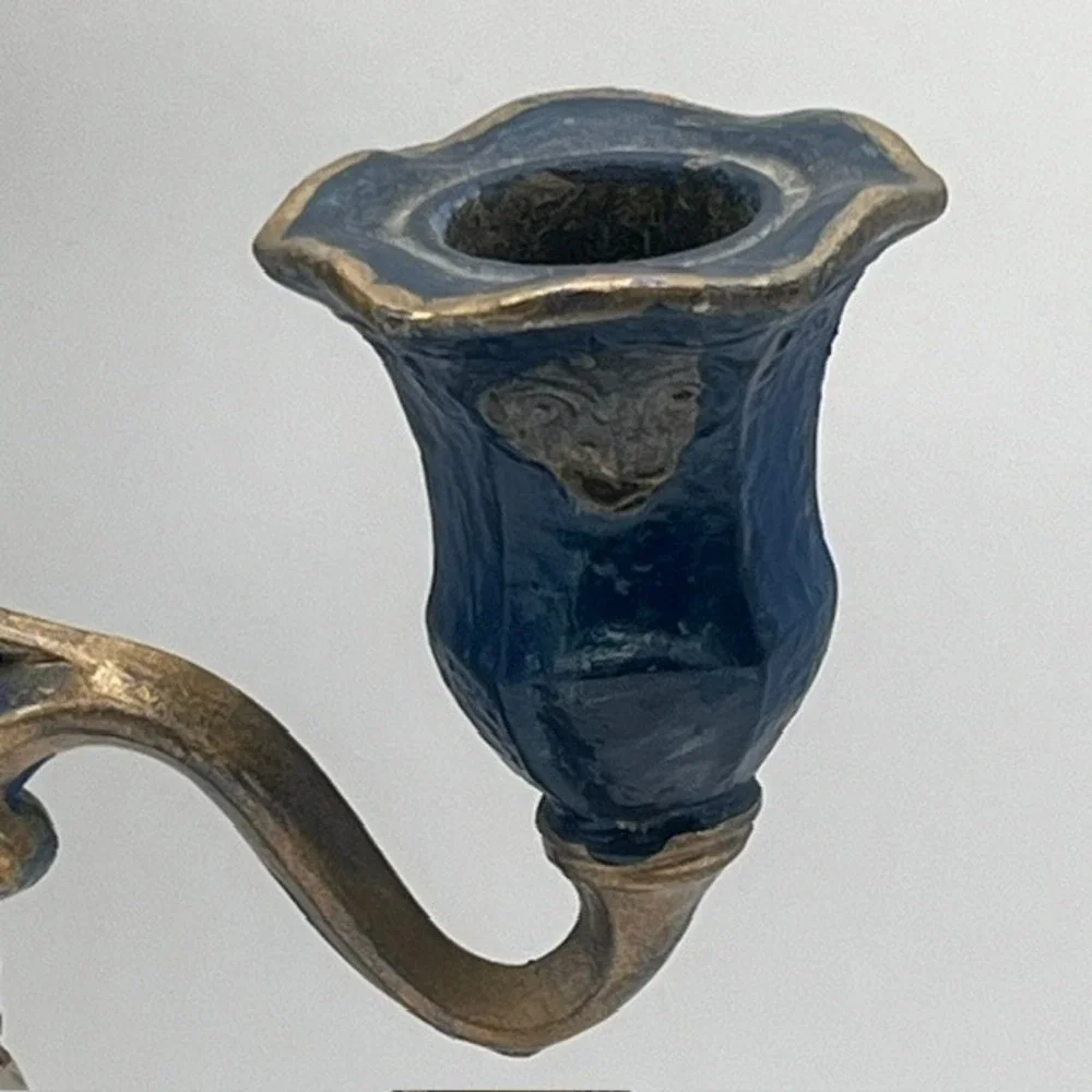 Vintage Nautical Sailing Ship Cast Metal Candelabra 3Arm Candle Holder Blue Gold